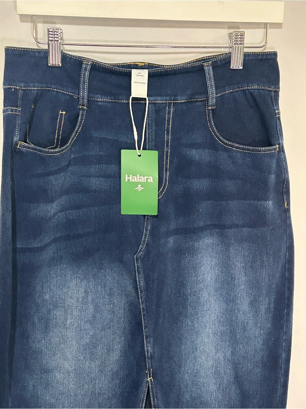NWT Halara Flex Midi Skirt Dark Indigo Stretch Denim High Rise Medium - Picture 3 of 8